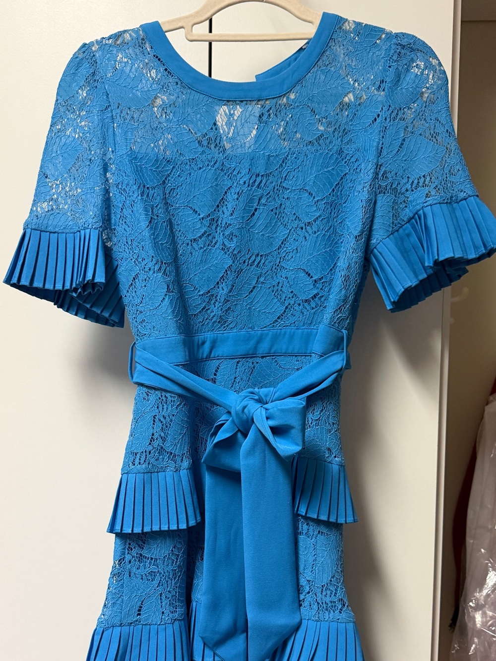 the clothing company Bright Blue Lace Midi Dress with Belt